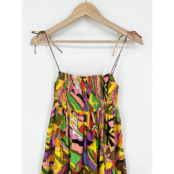 SWF Birds of Paradise A-Line Dress Smocked Square Neck Tie Shoulder Midi Floral - Picture 4 of 13